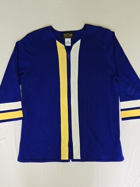 Bob Mackie Blue Zip-Front Cardigan with Yellow & White Stripes